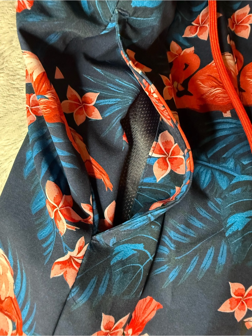 Caribbean flamingo floral swim trunks on navy background large - Picture 3 of 7